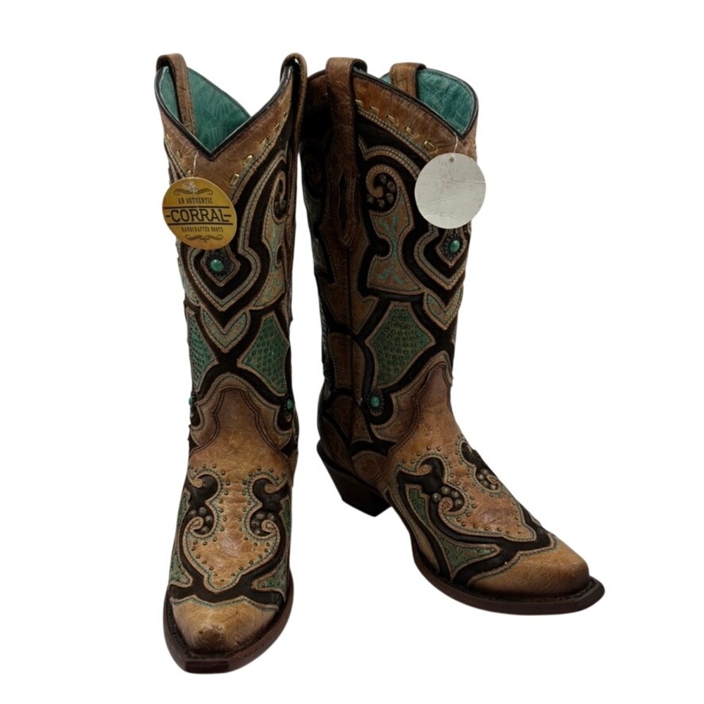 Corral Boots Women's Saddle Brown Teal Leather Inlay Western Snip Toe 6 M - Picture 4 of 16